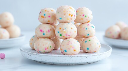 A stack of colorful sprinkle-covered cookies arranged on a white plate, set against a light blue background, and close-up shot of homemade treats.