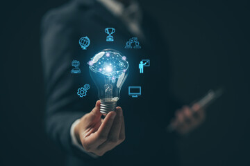 E-learning graduate certificate program concept.Woman holds a light bulb showing a brain icon....