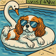 Dog Relaxing on Swan Float in Pool Wearing Sunglasses Illustration