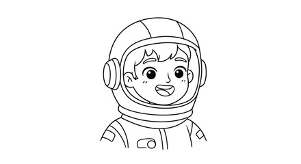 Obraz premium Astronaut's Courageous Gaze: A captivating black and white line drawing that portrays a young astronaut with a cheerful expression, ready to journey into the vast expanse of space. 