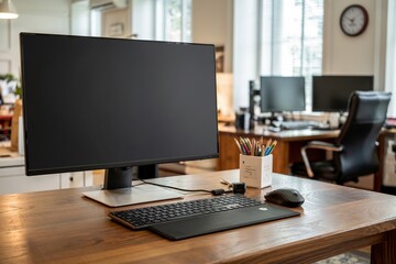 Modern Office Desk Setup With Computer Monitor Keyboard And Other Supplies