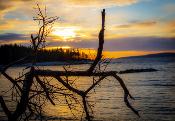 Sunset over Cadillac Mountain viewed from Schoodic Peninsula, Acadia National Park, Maine 