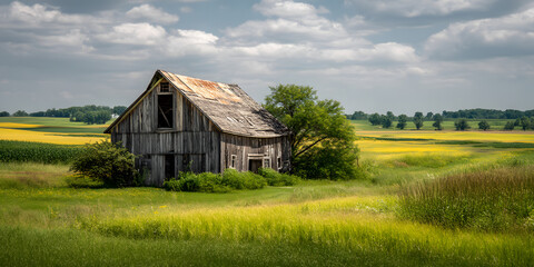 Fototapeta premium A time-worn barn stands proudly in rolling fields, its rustic allure evident in every crevice weathered by the elements.