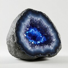 blue agate geode crystal mineral  closeup gemstone  macro photography  organic shape natural texture  white background  isolated