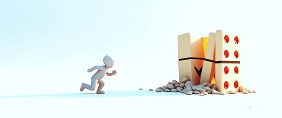 Fototapeta premium Investor fear reflects the economic impact of war and sanctions on market prices. Human Figure Running from Cascading Negative Effects of Domino Impact