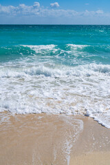 Sea waves. Summer background. Ocean water motion. Ocean splash wave background. Deep blue sea beach. Turquoise wave background. Dreamy exotic sea beach background. Sea banner.