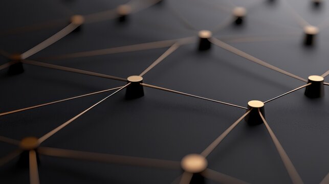 Abstract geometric network structure with golden nodes and connecting lines on dark background