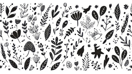 A monochrome illustration of various plants and flowers in a decorative pattern.