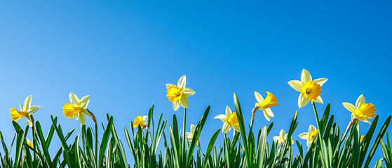 Daffodils field and clear blue sky, panoramic view 