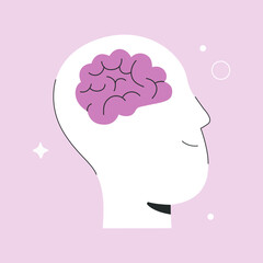 Mindfulness and mental health concept, smiling calm man’s head and creative brain in harmony. Intelligent happy human with peaceful mind and balanced life, flat vector illustration isolated background