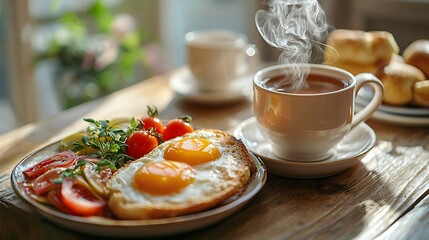 A cozy morning scene with a steaming cup of tea next to a plate of full english breakfast delights