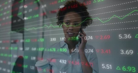 Businesswoman on phone with stock market data animation overlaying her image - Powered by Adobe