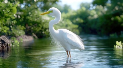 A regal egret stands in shallow water, a serene moment in nature