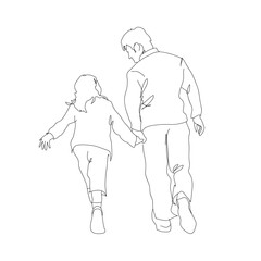 お父さんと娘が手を繋いで楽しく歩いているイラスト　親子のシンプル手描き線画イラスト　背景透過