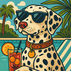 Dog Relaxing by Pool Wearing Sunglasses Cartoon Illustration Style