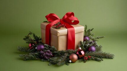Christmas Gift Box with Red Ribbon and Ornaments