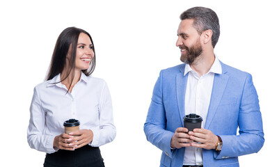 professional business leader with manager. successful businesspeople. business coworkers isolated on white. two businesspeople in formal suit. ambitious businesspeople support. at the coffee break