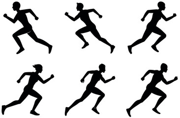 Stylized Running Silhouette Vector Set with 6 Poses of Active Runners for Sports Apparel, Fitness Branding, Marathon Event Designs, T-Shirt Art, and Athletic Themed Logos