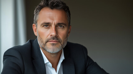 Focused businessman in suit at desk, embodying professionalism and determination in a modern workspace.
