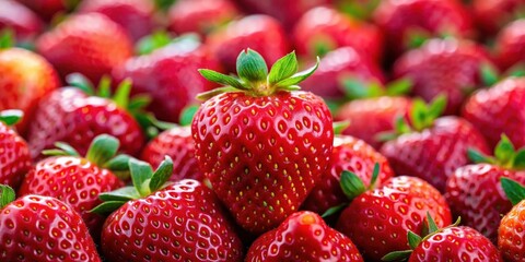 A vibrant close-up showcasing a profusion of ripe, glistening strawberries, their intense red hues and detailed textures emphasized against a softly blurred backdrop of similar fruit.