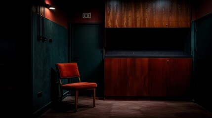 A moody corner with a deep teal wall, burnt orange chair, and dark wood cabinetry.