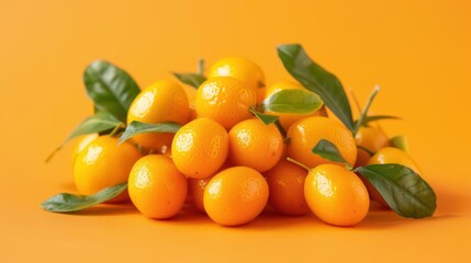 A vibrant pile of kumquats with green leaves on an orange background.