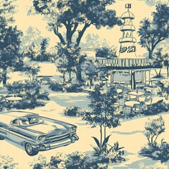 Retro Diner Meets French Toile fabric pattern