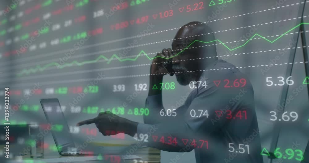 Poster using phone, businessman with animation of stock market data and graphs displayed