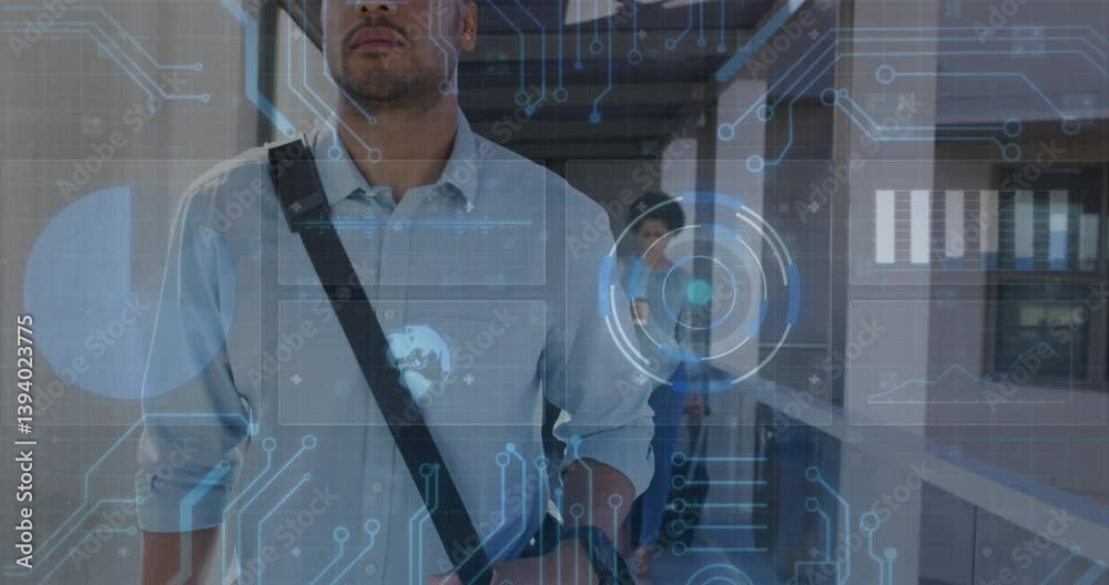 Poster man walking in corridor with digital interface and data processing animation overlay