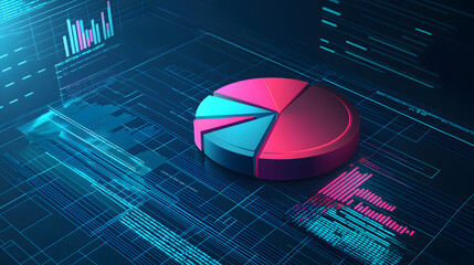 Floating analytics dashboard pie chart visualization digital realm infographic data environment centered view business insights
