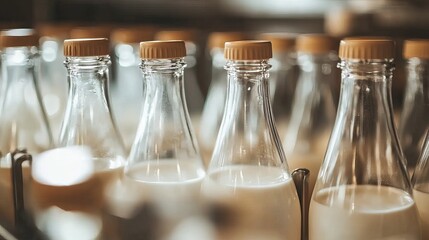 Close up shot of many glass milk bottles with tan caps in a row in soft focus lighting
