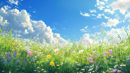 Obraz premium A vibrant field of wildflowers and herbs in full bloom under a bright blue sky, symbolizing the purity and beauty of natural organic landscapes 