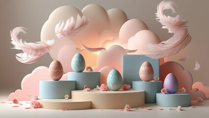 Fototapeta premium Pastel easter eggs on platforms with pink clouds and feathers in a soft studio setting for celebration