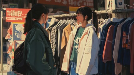 Fototapeta premium Two friends engage in conversation while browsing a vibrant outdoor clothing market
