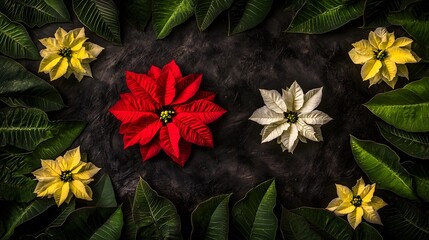 Naklejka premium Red White Yellow Poinsettia Christmas Flowers Festive Floral Holiday Decor