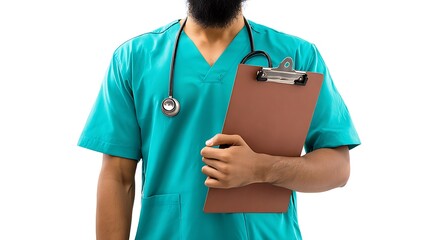 A Muslim Nurse is Wearing Teal Nurse Uniform with Stethoscope, Holding a Brown Clipboard, Isolated on White Background : Suitable for Be Used in Content Related to Medical & Pharmaceutical Theme.