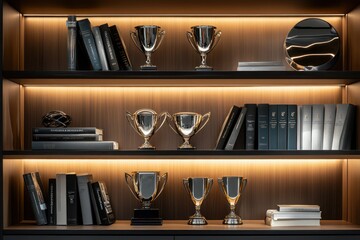 A modern, open-concept shelving display featuring best-selling books inclusion, sleek corporate trophies, metallic award plates reflecting soft ambient light