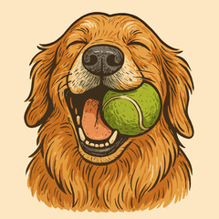 Happy Dog Holding Tennis Ball Illustration Artwork for Pet Lovers