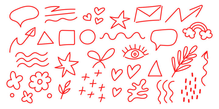 Red doodles featuring various shapes and symbols on a white background for creative design