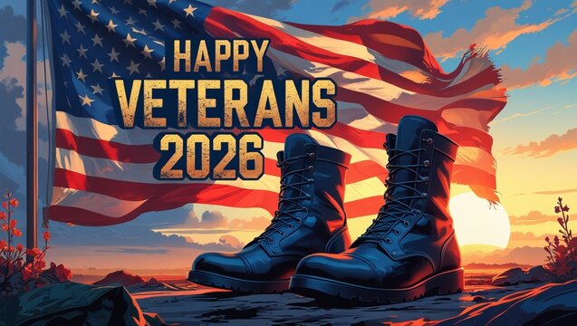 Happy Veterans Day 2026 in military stencil font, with an American flag, boots, and a sunrise silhouette in the background