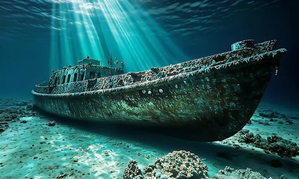 Sunbeams illuminating a decaying ship wreck underwater.