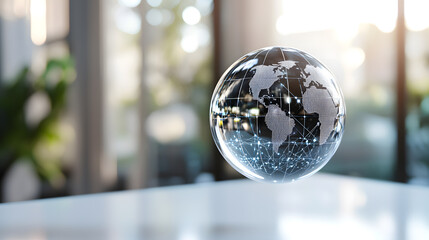 Floating global connection icon in modern office space digital art clean environment innovative viewpoint