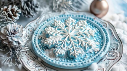 A beautifully decorated snowflake cookie on a blue plate, surrounded by winter elements.