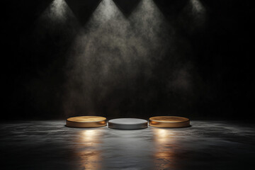A championship podium with gold, silver, and bronze platforms, illuminated by a moody spotlight, standing against a blackened stadium backdrop.