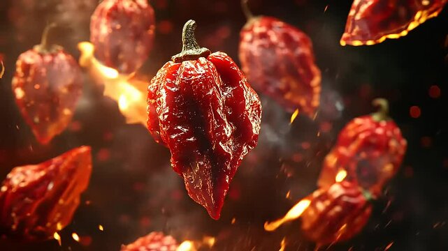 Vibrant red ghost peppers suspended in mid-air with flames and smoke in the background