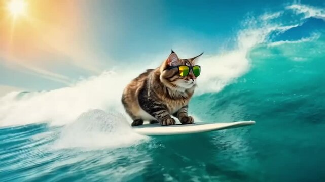 A cat wearing sunglasses and a surfboard is riding the waves in the ocean. Smooth repeating motion for background video animation.