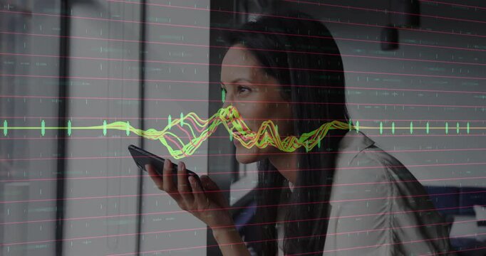 Woman talking on smartphone with colorful sound wave animation overlay