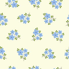Seamless pattern with blue flower blossom garden on light yellow background. Cute hand drawn floral pattern for your fabric, summer background, wallpaper, textile.