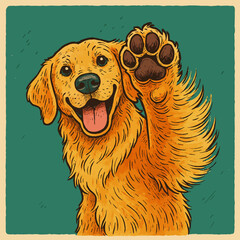 Friendly Dog Waving Paw Illustration with Happy Expression and Green Background