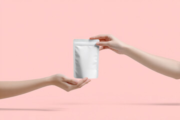 Minimal Pouch Packaging Mockup, White resealable pouch mockup passed between two hands against a soft pink background. Ideal for food, cosmetic, or supplement packaging design.
